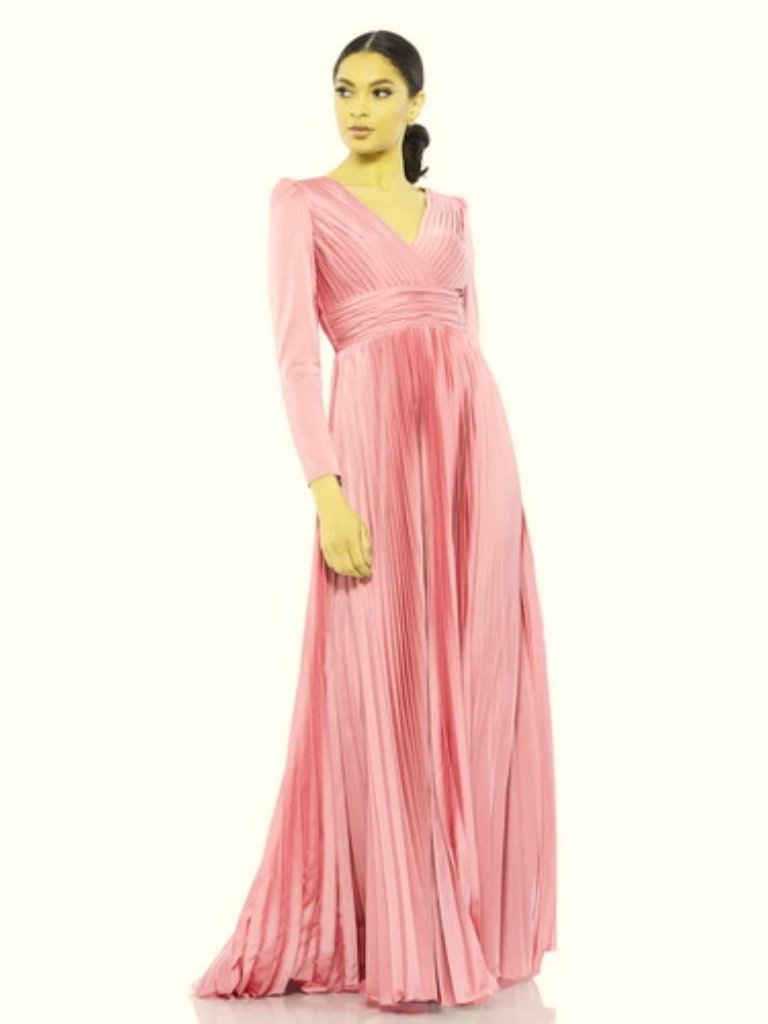 Mac Duggal Dusty Lilac Pleated Long Sleeve Chiffon A-Line Gown